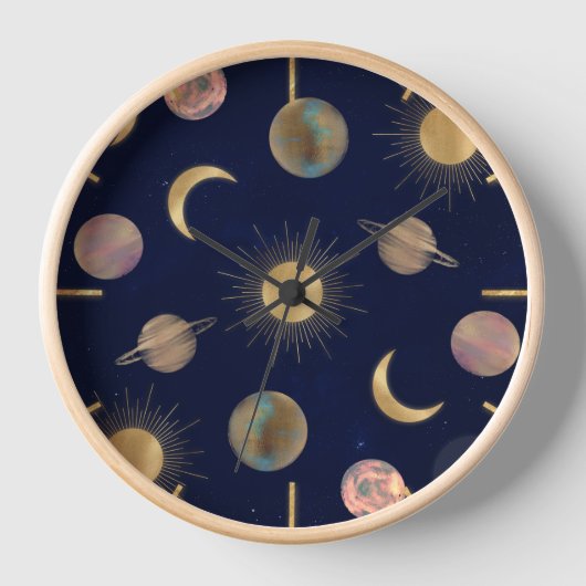 Blue Gold Sun Moon Planets Space Illustration Uhr (Vorderseite)