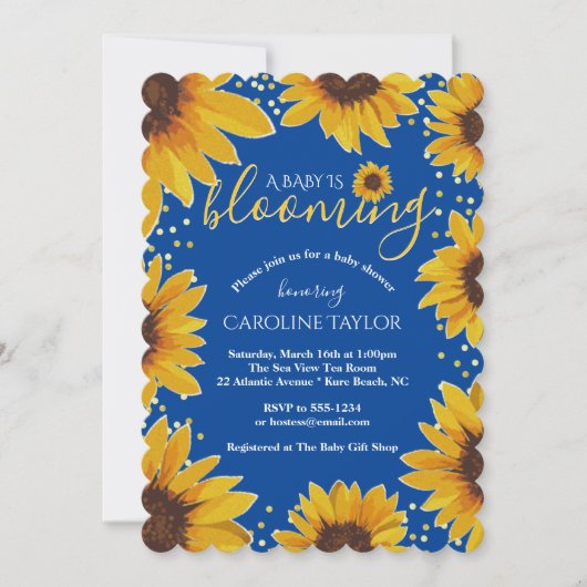 Blue & Gold Sunflower Baby Blooming Baby Shower Einladung (Vorderseite)