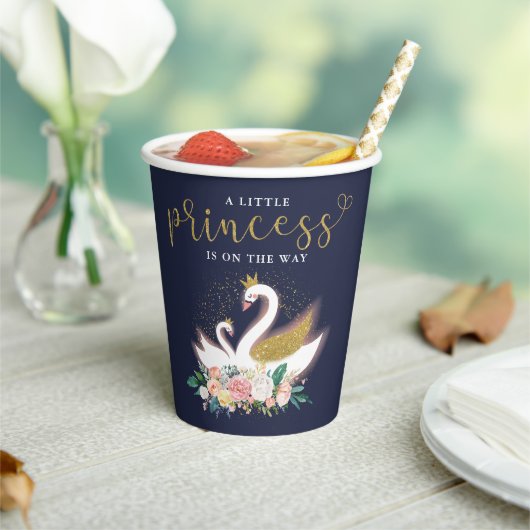 Blue Gold Swan Princess Pink Floral Baby Dusche Pappbecher (In Situ)