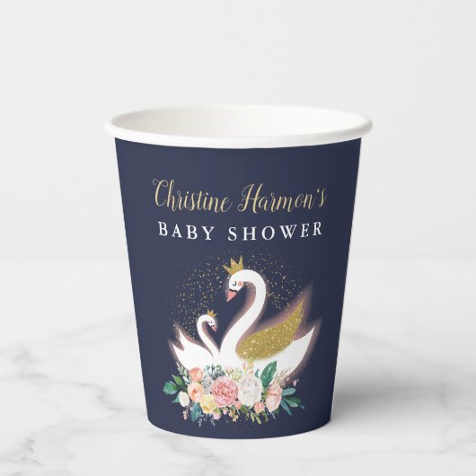 Blue Gold Swan Princess Pink Floral Baby Dusche Pappbecher (Rückseite)