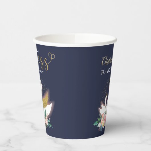 Blue Gold Swan Princess Pink Floral Baby Dusche Pappbecher (Links)