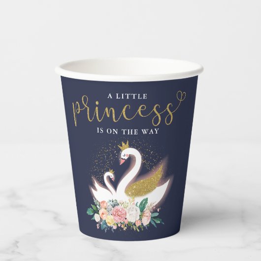 Blue Gold Swan Princess Pink Floral Baby Dusche Pappbecher (Vorderseite)