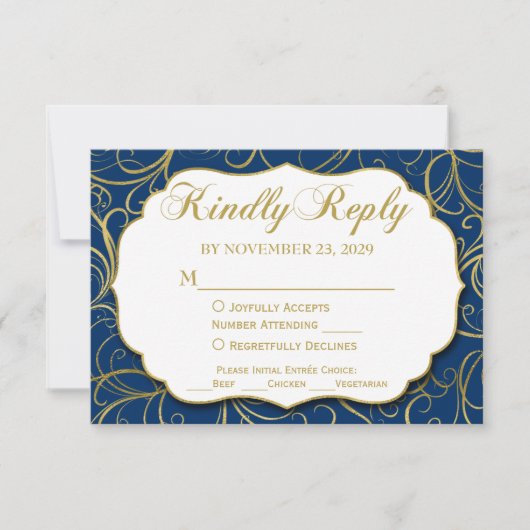 Blue Gold Swirl UAWG Wedding Response w/Meal RSVP Karte (Vorderseite)