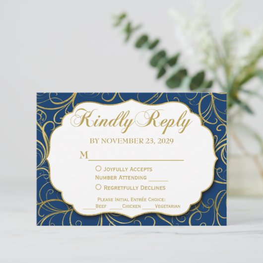 Blue Gold Swirl UAWG Wedding Response w/Meal RSVP Karte (Stehend Vorderseite)