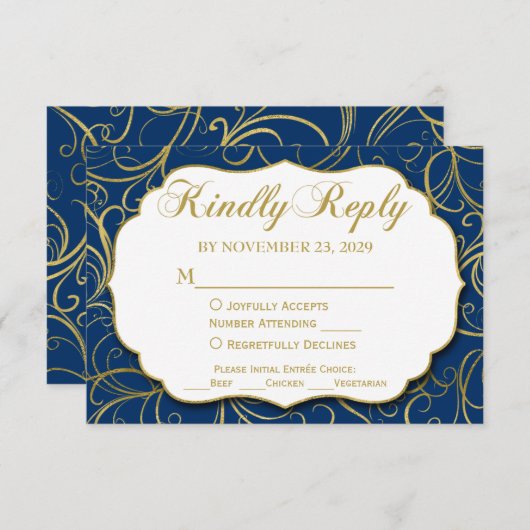 Blue Gold Swirl UAWG Wedding Response w/Meal RSVP Karte (Vorne/Hinten)