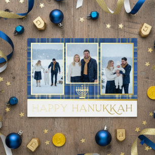 Blue & Gold Tartan Kariert Happy Hanukkah Foto Folien Feiertagskarte