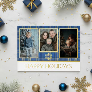 Blue & Gold Tartan Kariert Happy Holidays Foto Folien Feiertagskarte