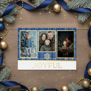 Blue & Gold Tartan Kariertes Weihnachtsfest Freude Folien Feiertagskarte