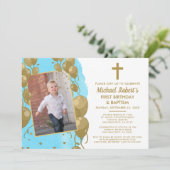 Blue Gold Taufe 1. Geburtstag Text Foto Einladung (Stehend Vorderseite)