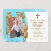 Blue Gold Taufe 1. Geburtstag Text Foto Einladung (Vorne/Hinten)