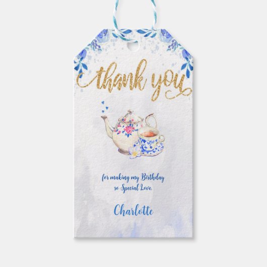 Blue & Gold Tea Party Geschenketiketten Geschenkanhänger (Vorderseite)