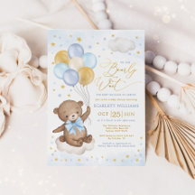 Blue Gold Teddy Bear Balloons Boy Baby Dusche Invi