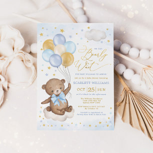 Blue Gold Teddy Bear Balloons Boy Baby Dusche Invi Einladung