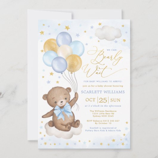 Blue Gold Teddy Bear Balloons Boy Baby Dusche Invi Einladung (Vorderseite)