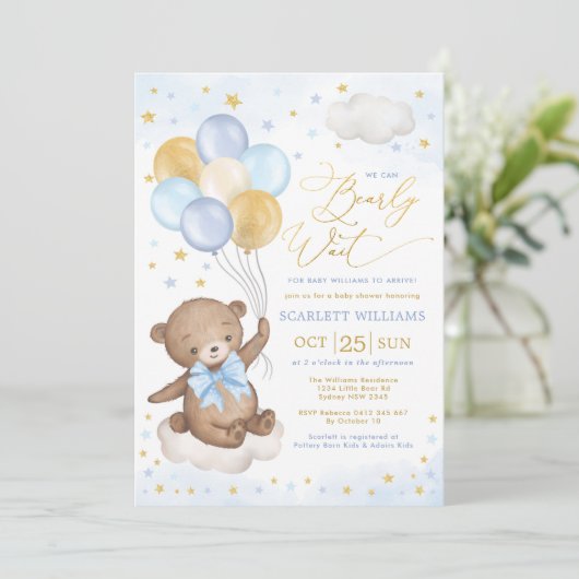 Blue Gold Teddy Bear Balloons Boy Baby Dusche Invi Einladung (Stehend Vorderseite)