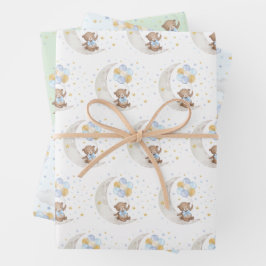 Blue Gold Teddy Bear Balloons Moon Stars Party Geschenkpapier Set