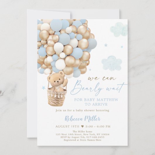 Blue Gold Teddy Bear Hot Air Ballon Babydusche Einladung (Vorderseite)