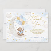 Blue Gold Teddy Bear Moon Balloons Wolken Sterne Dankeskarte (Vorderseite)