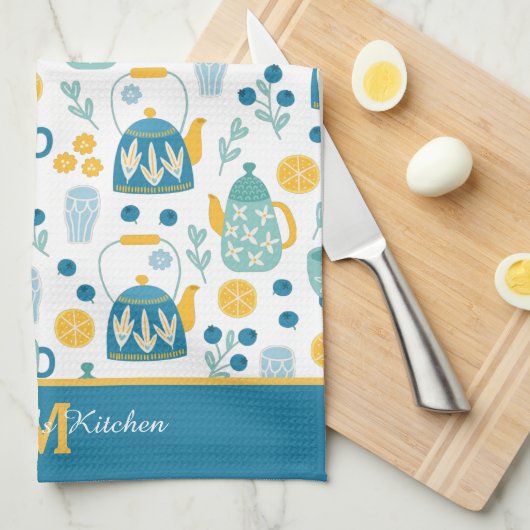 Blue Gold Tee Time Muster Monogram Geschirrtuch (Viertel Falte)