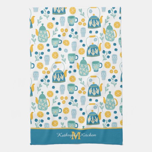 Blue Gold Tee Time Muster Monogram Geschirrtuch (Vertikal)