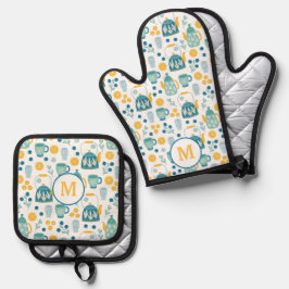 Blue Gold Tee Time Muster Monogram Ofenhandschuh & Topflappen-Set