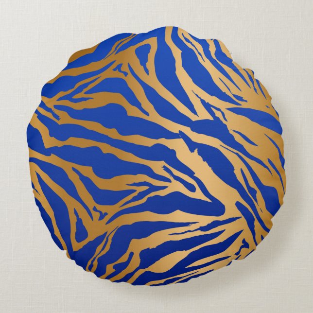 Blue & Gold Tiger Print Round Throw Kissen (Rückseite)