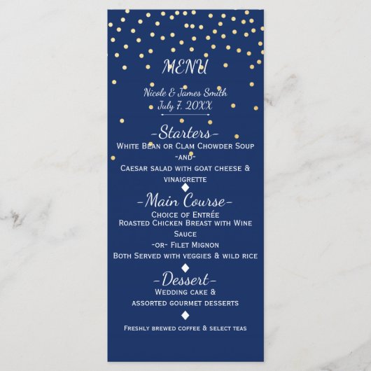 Blue & Gold Tiny Confetti Wedding Menu Card Menükarte (Vorderseite)