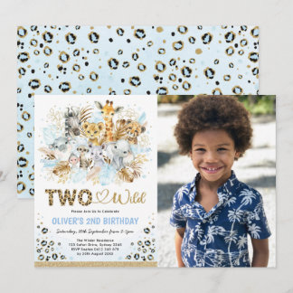 Blue Gold Tropical Safari Zwei Wildtiere Foto Gebu Einladung