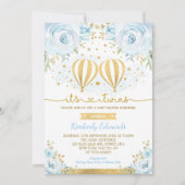 Blue Gold Twin Boys Hot Air Ballon Babydusche Einladung (Vorderseite)