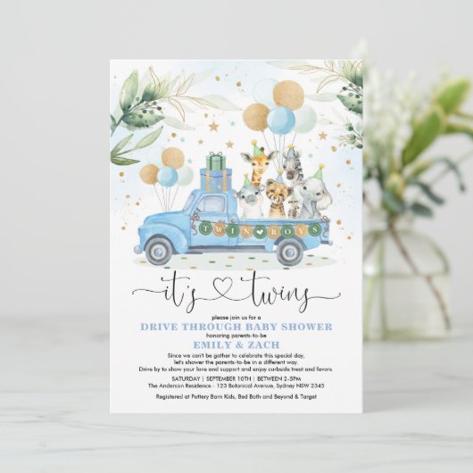 Blue Gold Twin Boys Jungle Drive Thru Baby Dusche Einladung (Stehend Vorderseite)