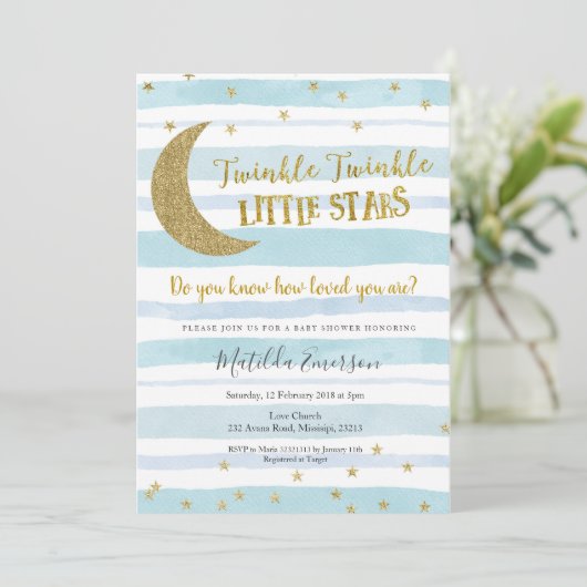 Blue Gold Twinkle Little Star Baby Dusche Einladung (Stehend Vorderseite)