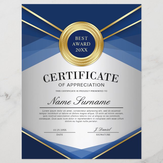 Blue & Gold Vertical Certificate of Appreciation (Vorderseite)