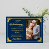 Blue Gold Vintag Frame Hochzeitjubiläum Foto Folieneinladung (Stehend vorne)