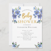 Blue Gold Wasserfarbe Blume Kinderdusche Einladung (Vorderseite)