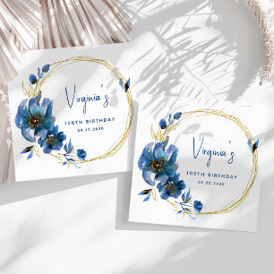 Blue Gold Wasserfarben Blumen 100. Geburtstag Serviette