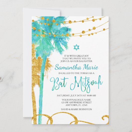 Blue Gold Watercolor Beach Bat Mitzvah Einladungen (Vorderseite)