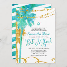 Blue Gold Watercolor Beach Bat Mitzvah Einladungen