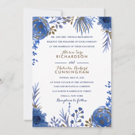 Blue Gold Watercolor Blume Hochzeit Einladung (Vorderseite)