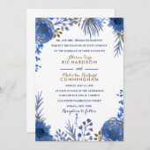 Blue Gold Watercolor Blume Hochzeit Einladung (Vorne/Hinten)