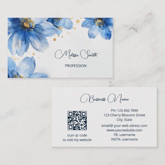 Blue Gold Watercolor Blume Visitenkarte (Vorne/Hinten)