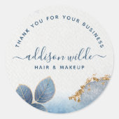 Blue Gold Watercolor Botanical Blätter Vielen Dank Runder Aufkleber (Vorderseite)