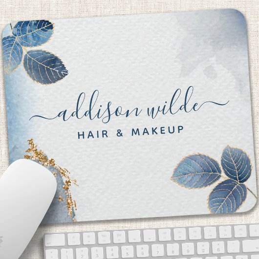 Blue Gold Watercolor Botanische Blätter Abstrakt Mousepad