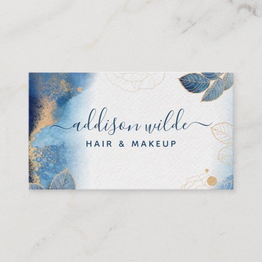 Blue Gold Watercolor Botanische Blätter Abstrakt Visitenkarte (Vorderseite)