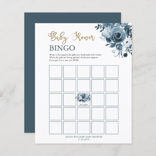 Blue Gold Watercolor Floral Baby Dusche Bingo Card (Vorne/Hinten)