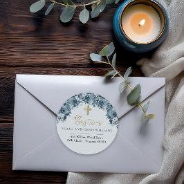 Blue Gold Watercolor Floral Baptisse Rücksendeadre Runder Aufkleber