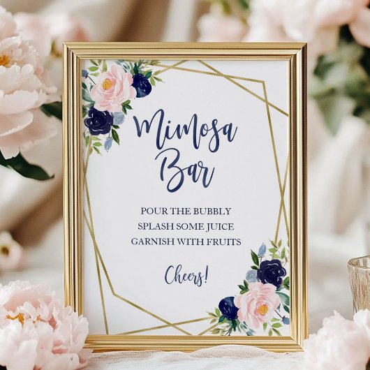 Blue Gold Watercolor Floral Mimosa Bar Sign Poster