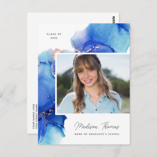Blue Gold Watercolor Foto Abschluss Postkarte (Vorne/Hinten)