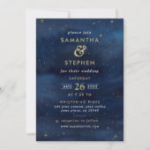 Blue & Gold Watercolor Starry Night Sky Wedding Einladung (Vorderseite)
