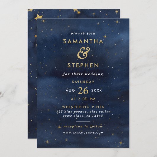 Blue & Gold Watercolor Starry Night Sky Wedding Einladung (Vorne/Hinten)