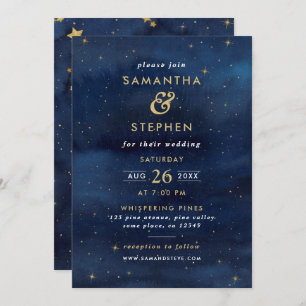 Blue & Gold Watercolor Starry Night Sky Wedding Einladung